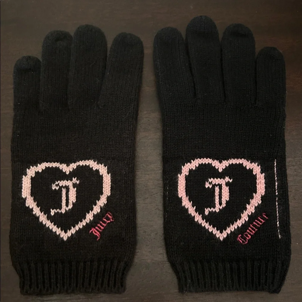 🧤Juicy Couture Knit Heart Logo Gloves Black 2010 Vintage NWT